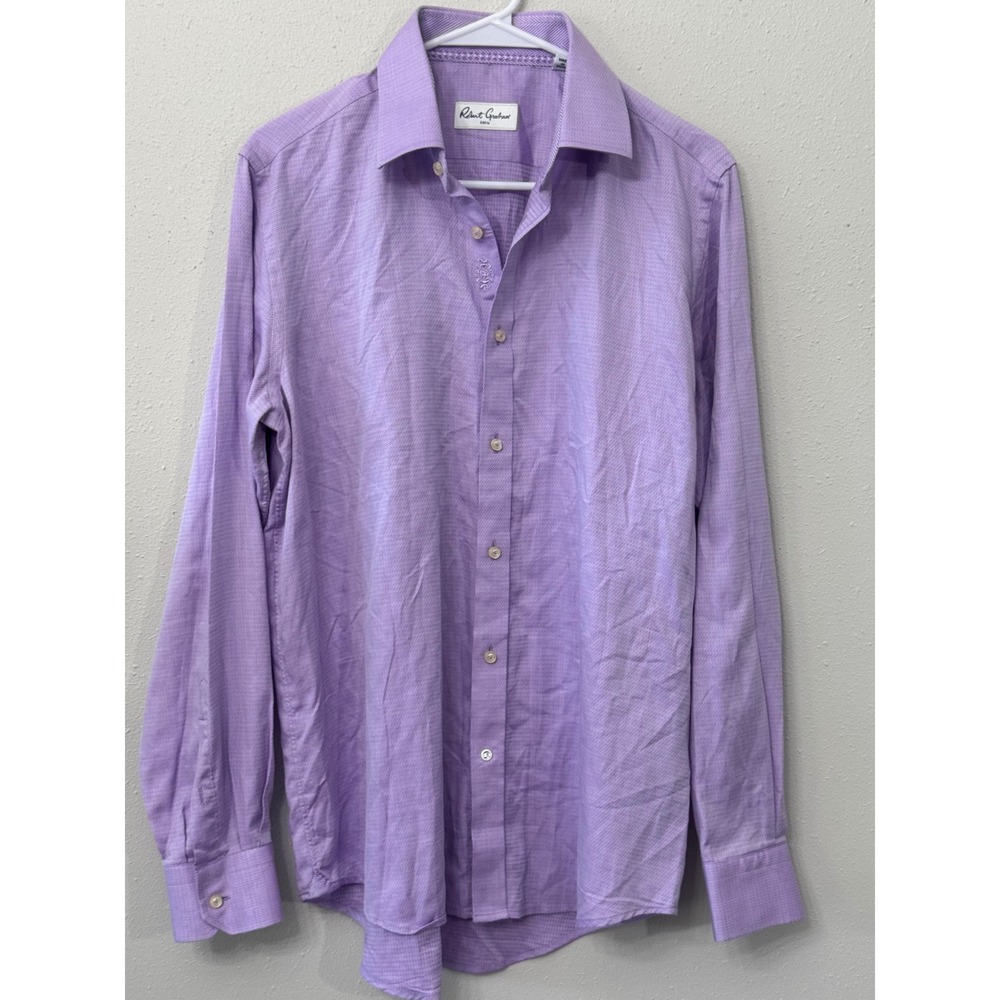 Robert Graham Mens Textured Button Down Shirt Sz 39 15.5 (US Sz M) Purple Cotton